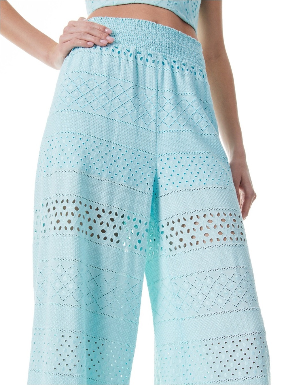 Alice + Olivia Russell High Waisted Eyelet Pant in Powder Blue Small - Picture 3 of 13